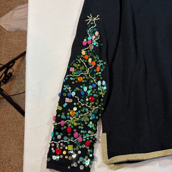 Quacker Factory Womens V neck black sweater. M. Sequin christmas tree sleeves - Picture 3 of 7